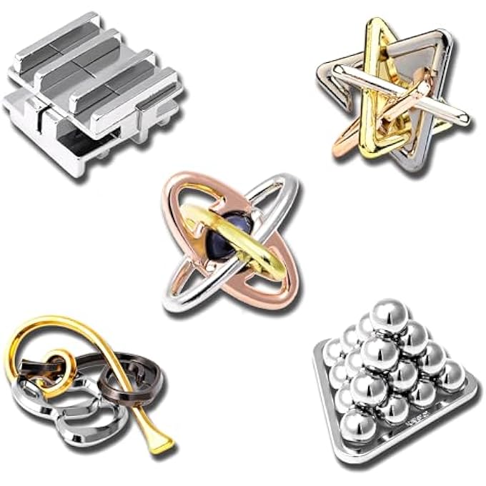 3D METAL BRAIN TEASERS PUZZLE SET - CHALLENGING INTERLOCKING DISENTANGLEMENT PUZZLES FOR ADULTS, IQ & LOGIC MIND GAMES, EDUCATIONAL BRAIN TRAINING TOYS, STRESS RELIEF GIFT BUNDLE (5 PIECES) - Image 1